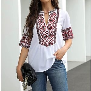 COPY - Mansy Women's Summer V Neck Boho Print Embroidered Blouse - Size L - Nev…